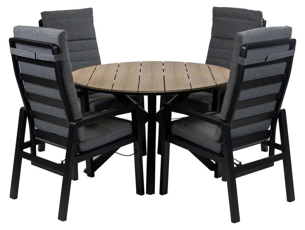 Rundes 5-teiliges Garten-Set | 4 Berlin Gartenstühle (Schwarz) | Gartentisch Limasol ø 120 cm ( Holz)