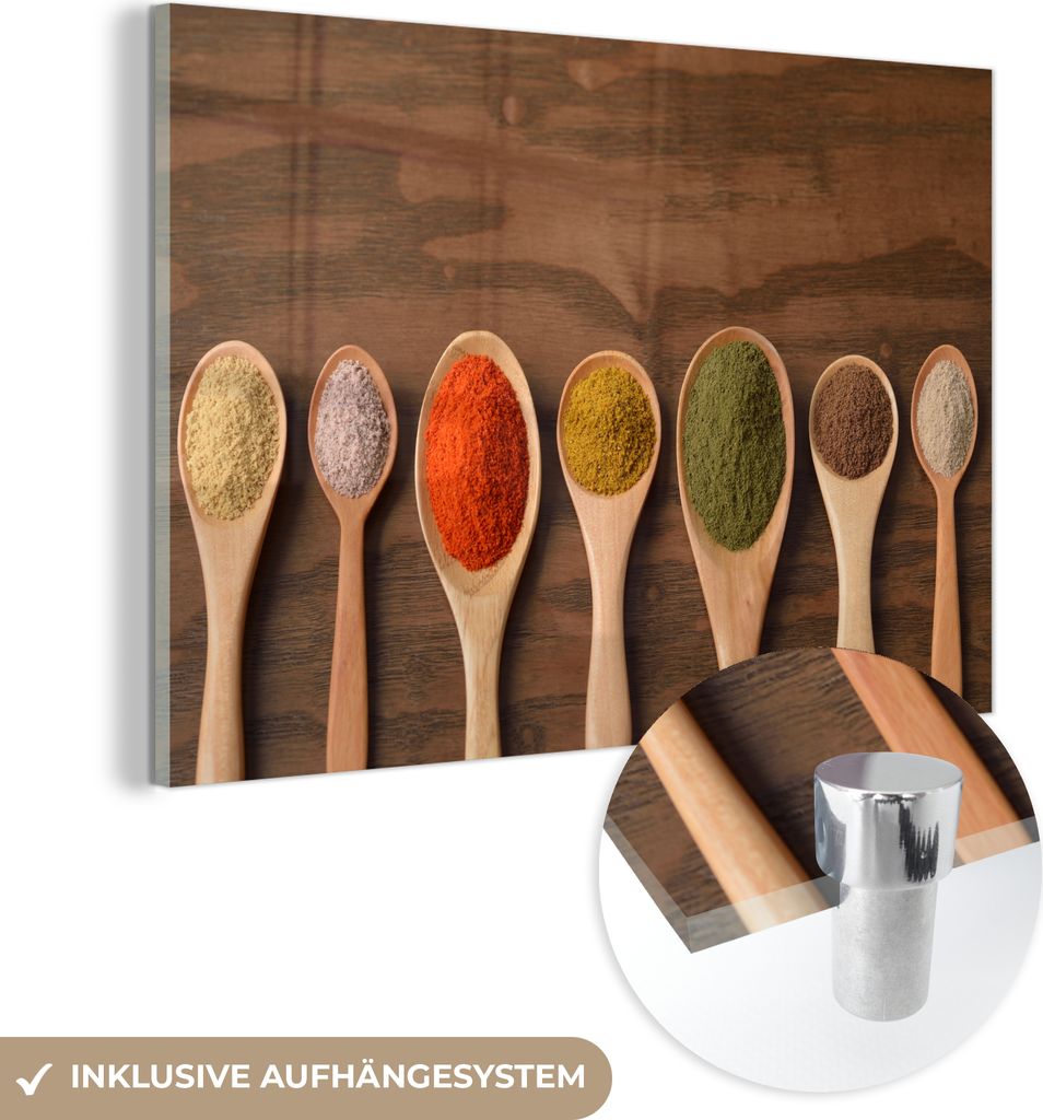 MuchoWow Glasbilder - Bilder auf Wandbild - Foto auf Glas Schöpfkelle - Kräuter - Lebensmittel - Gewürze - Tisch 60x40 cm Wanddekoration aus Gla...