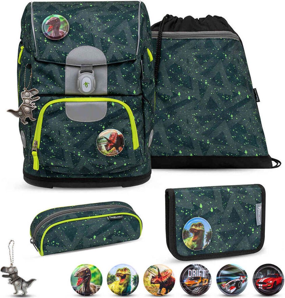 Belmil Motion ergonomisches Schulranzen Set 5-teilig "Green Splash" aus recyceltem Material mit Brustgurt, Hüftgurt, Magnetverschluss, Patch Set 6...