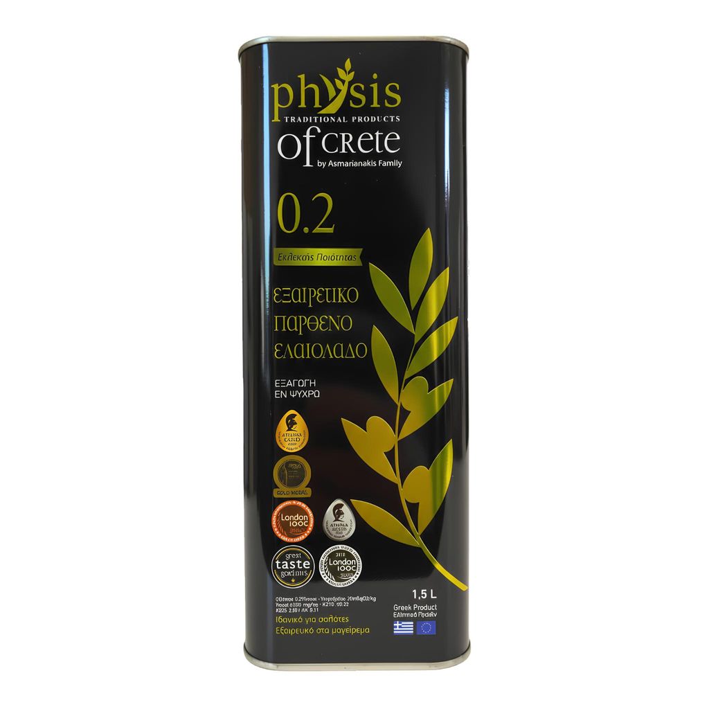 Physis of Crete Olivenöl Extra Native 1,5 L Kanister auf weißem Grund
