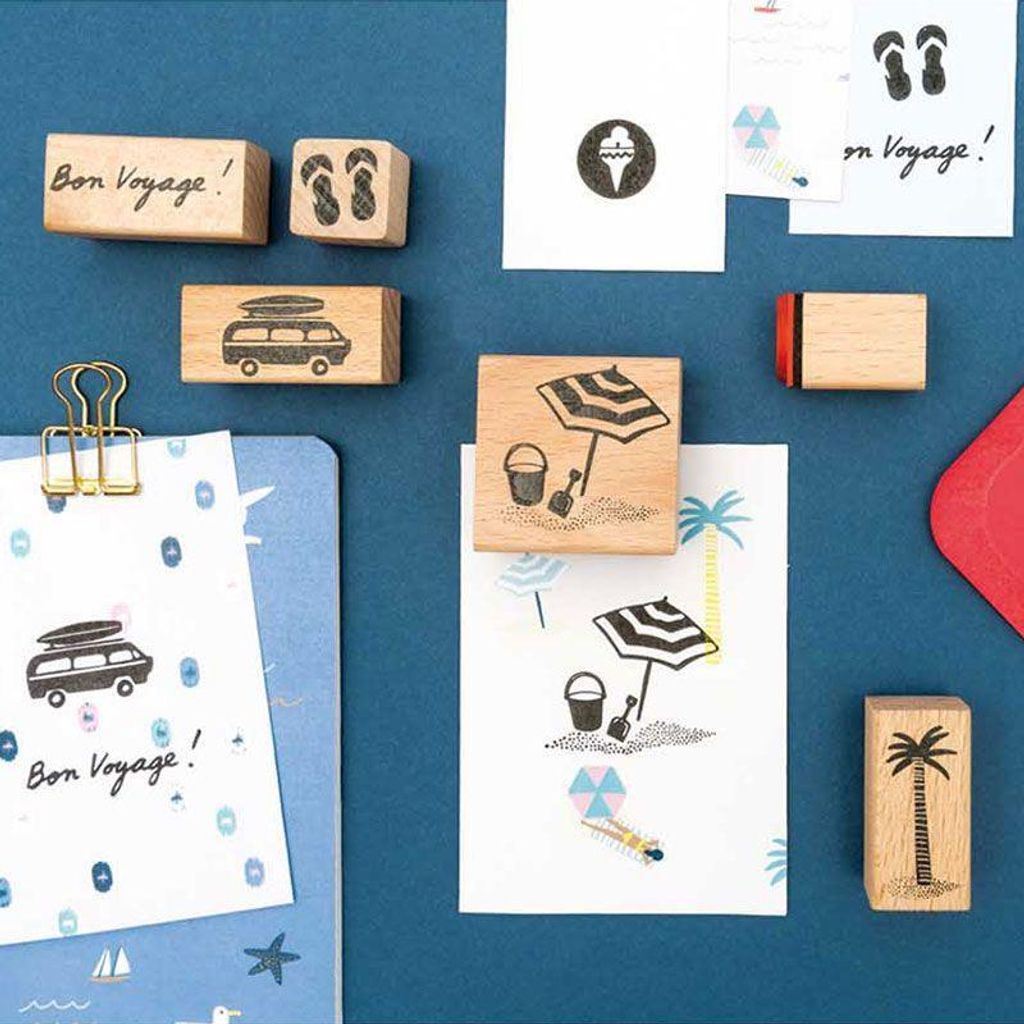 6 Holzstempel mit Stempelkissen - Urlaubsreisen