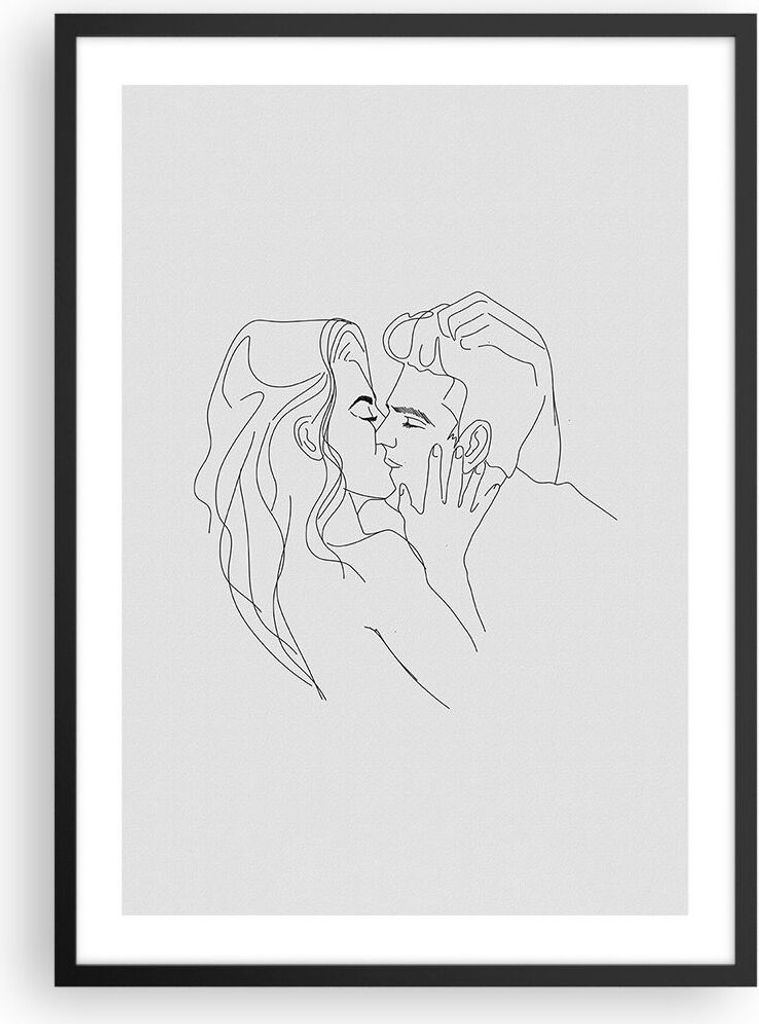 Gerahmtes Poster - Schwarzer Rahmen - Kuss Paar Skizze - 50x70 cm - Wand Bild - Wanddeko - Wandbilder - Kunstposter - Wandposter - Bilderrahmen - B...