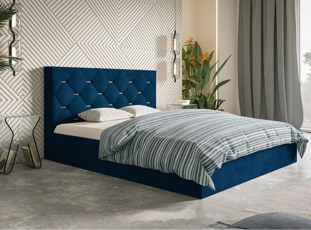 Polsterbett SIM 4 mit Kopfteil, 140x200 cm, Doppelbett mit Bettkasten und Lattenrost aus Holz, Velourstoff, Farbe: Blau