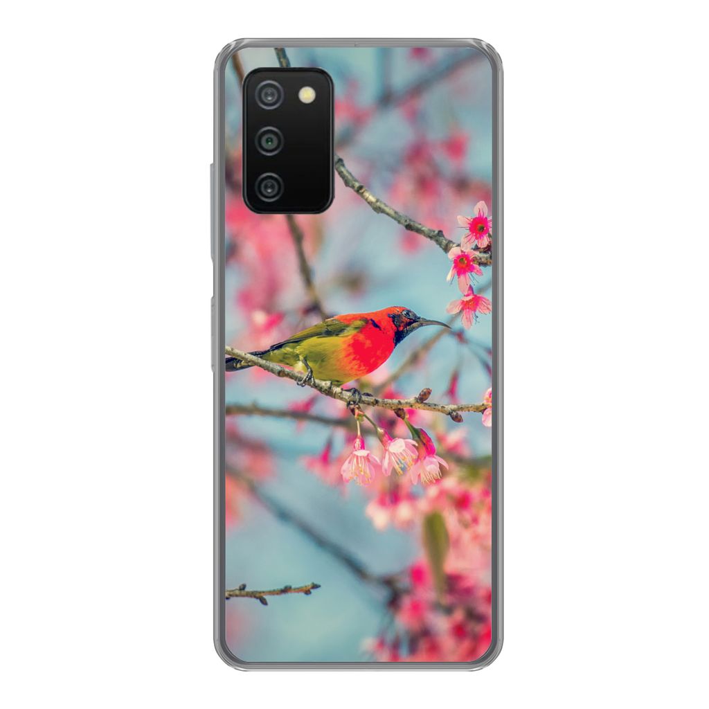 MuchoWow Handyhülle Schutzhülle Hülle für Samsung Galaxy A03s Vogel - Sakura - Farben Silikon Softcase Handy Hülle - Schutz