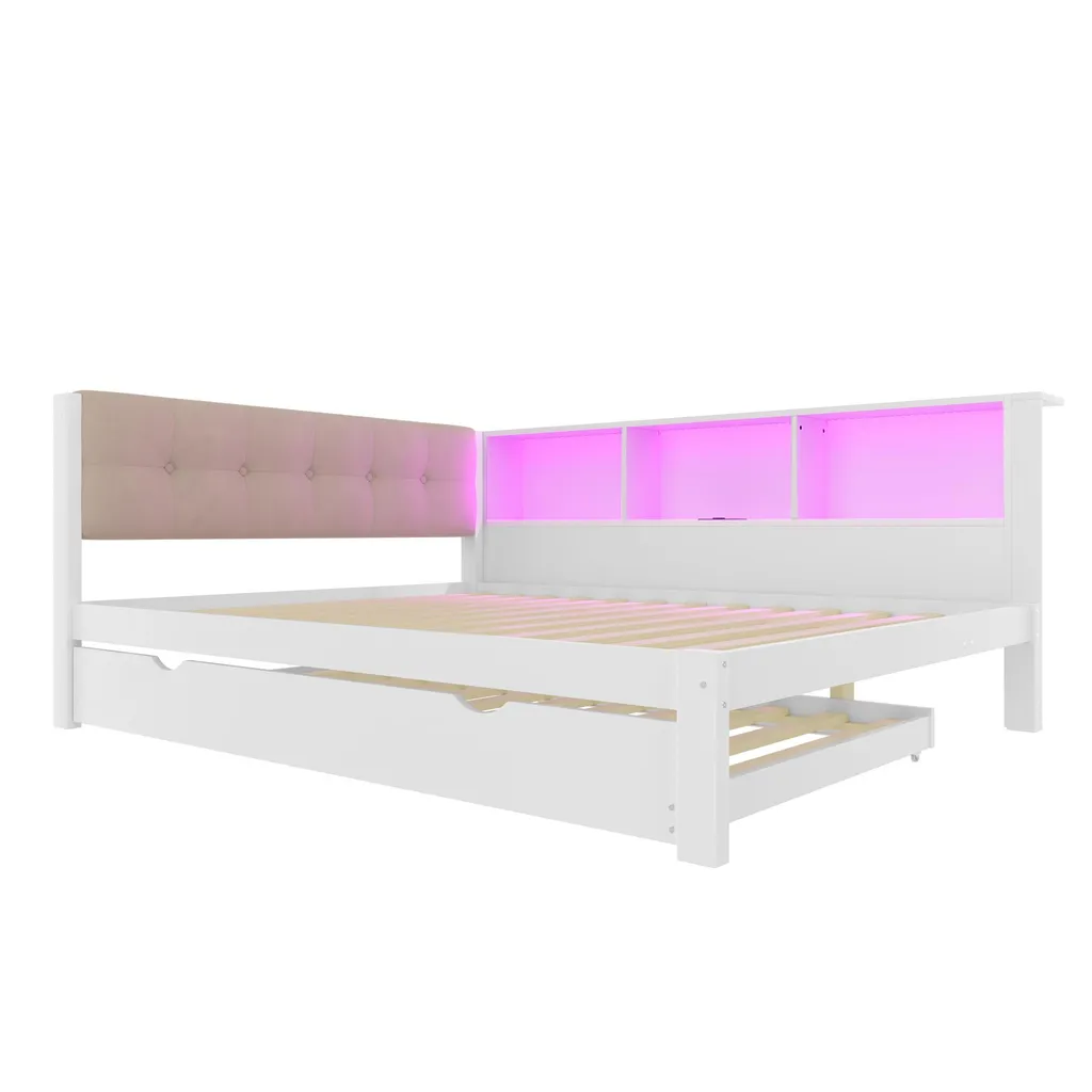 Lit Simple 140x200cm en Pin avec Éclairage LED et Étagère Pratique Blanc