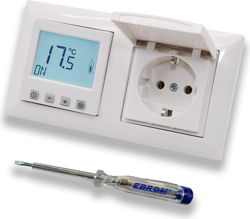 Halmburger Raumthermostat Raumtemperaturregler ERD-55rg DIGITAL in Busch Jäger Balance Si alpinweiß 2f Rahmen mit Klappsteckdose + EBROM Phasenpr...