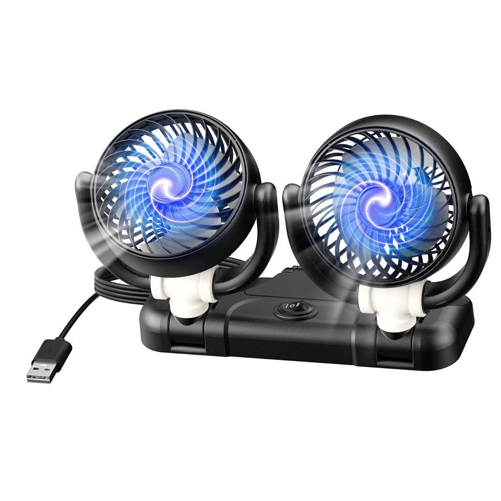 A dual-headed USB fan with blue LED lights, shown on a white background.