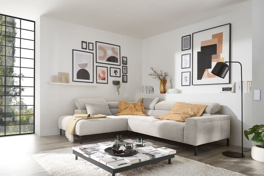 KAWOLA Sofa DELIA Ecksofa Feincord silber mit motorischem Sitzvorzug Recamiere links