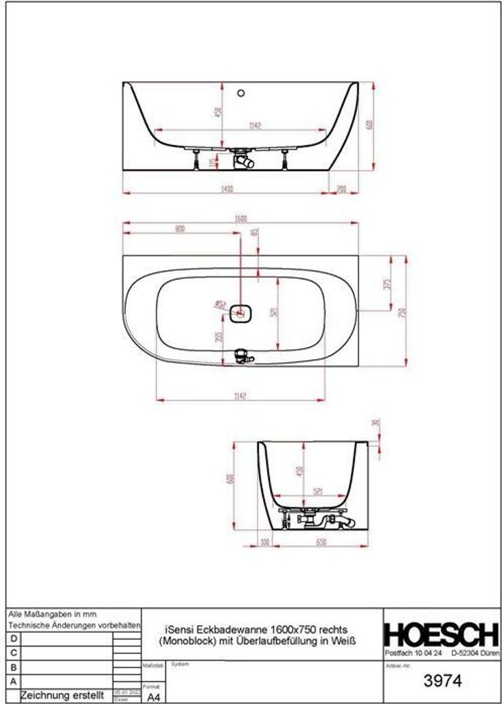 Hoesch Eck-Badewanne iSENSI 160x75cm, re, 1- Üb.- + Abl, weiß, weiß
