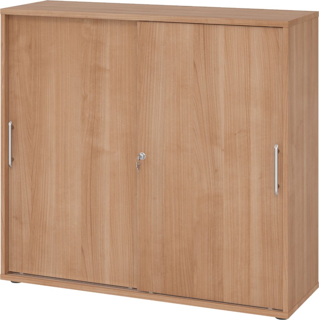 bümö Schiebetürenschrank office - 3 Ordnerhöhen - Griff: Relinggriff (Kunststoff), Nachbildung: Nussbaum