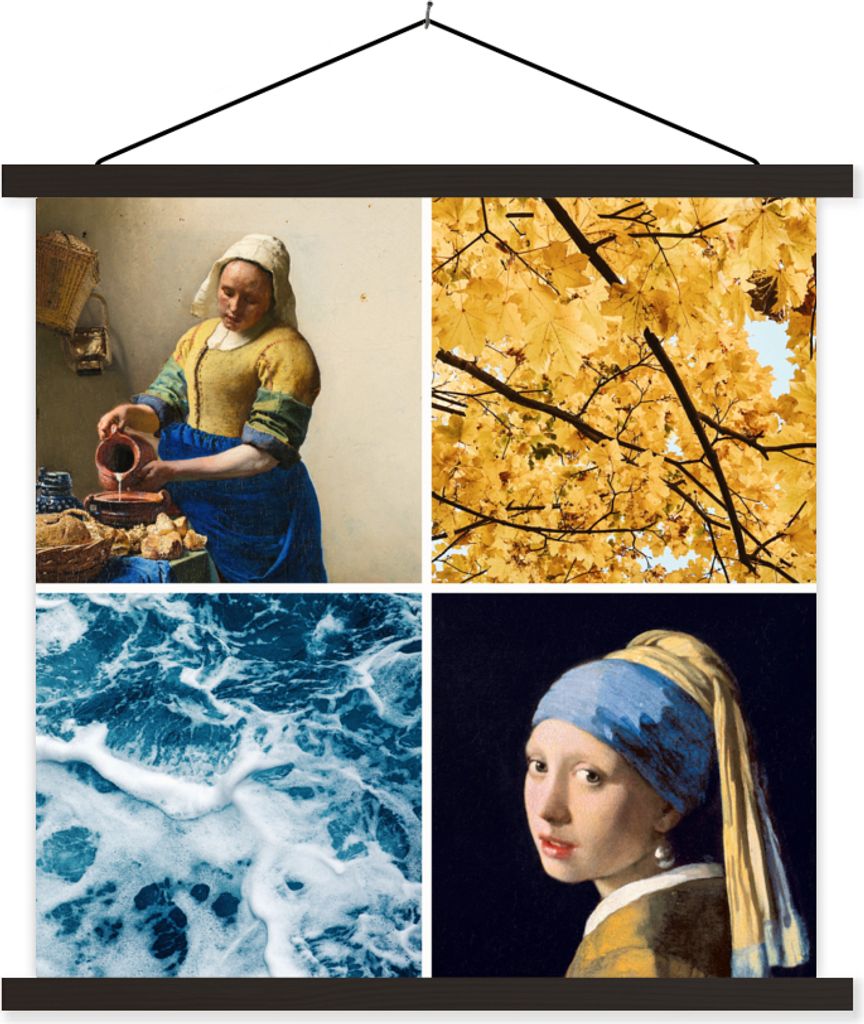 MuchoWow Textilposter Milchmädchen - Mädchen mit Perlenohrring - Collage 90x90 cm mit schwarzem Rahmen - Magnetisches