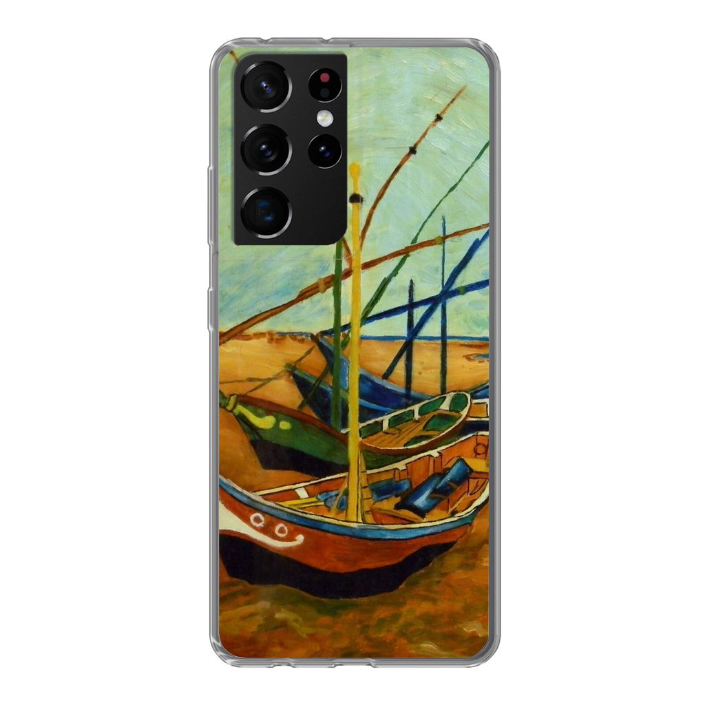 MuchoWow Handyhülle Schutzhülle Hülle für Samsung Galaxy S21 Ultra Fischerboote am Strand - Vincent van Gogh Silikon Softcase Handy Hülle - ...
