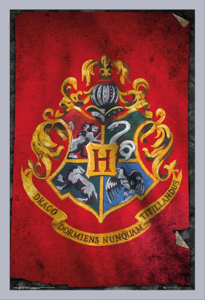 Harry Potter - Poster - Bandiera di Hogwarts + cornice rimovibile, Shinsuke® Maxi MDF argento, disco acrilico