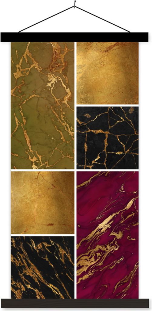 MuchoWow Textilposter Marmor - Gold - Schwarz - Rosa 60x120 cm mit schwarzem Rahmen - Magnete