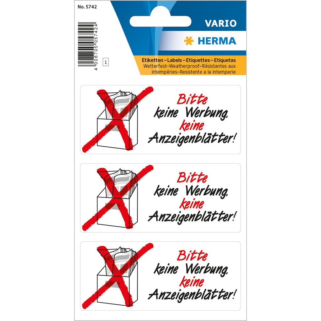 HERMA 5742 Hinweisetiketten Keine Werbung Anzeigenblätter Produktbild 