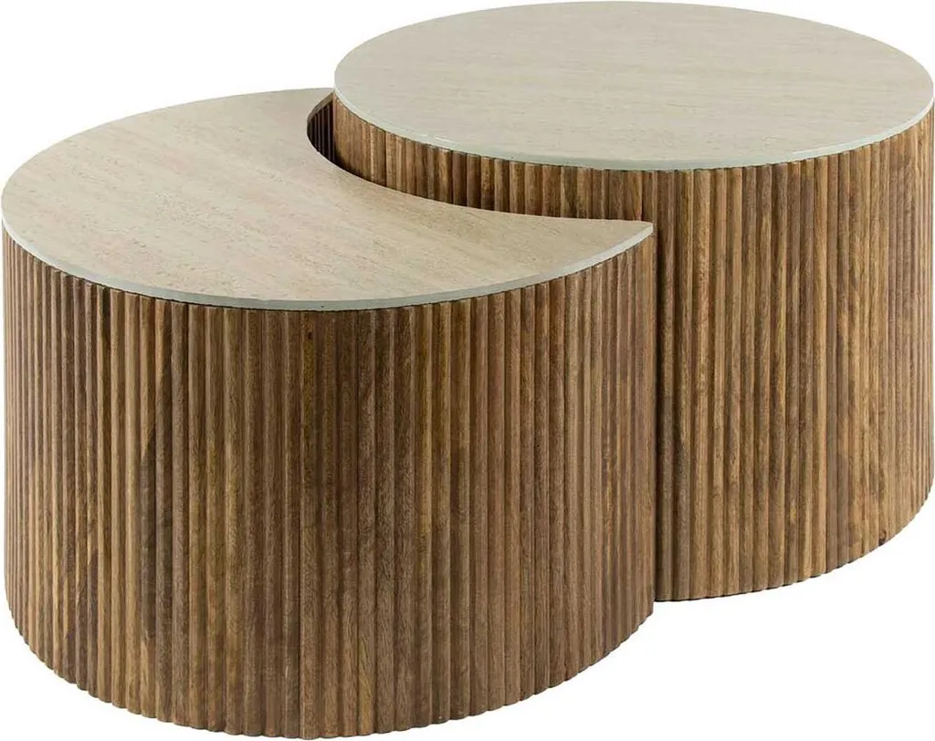 Tables Basses Gigognes 60cm Effet Travertin et Pieds en Bois de Manguier