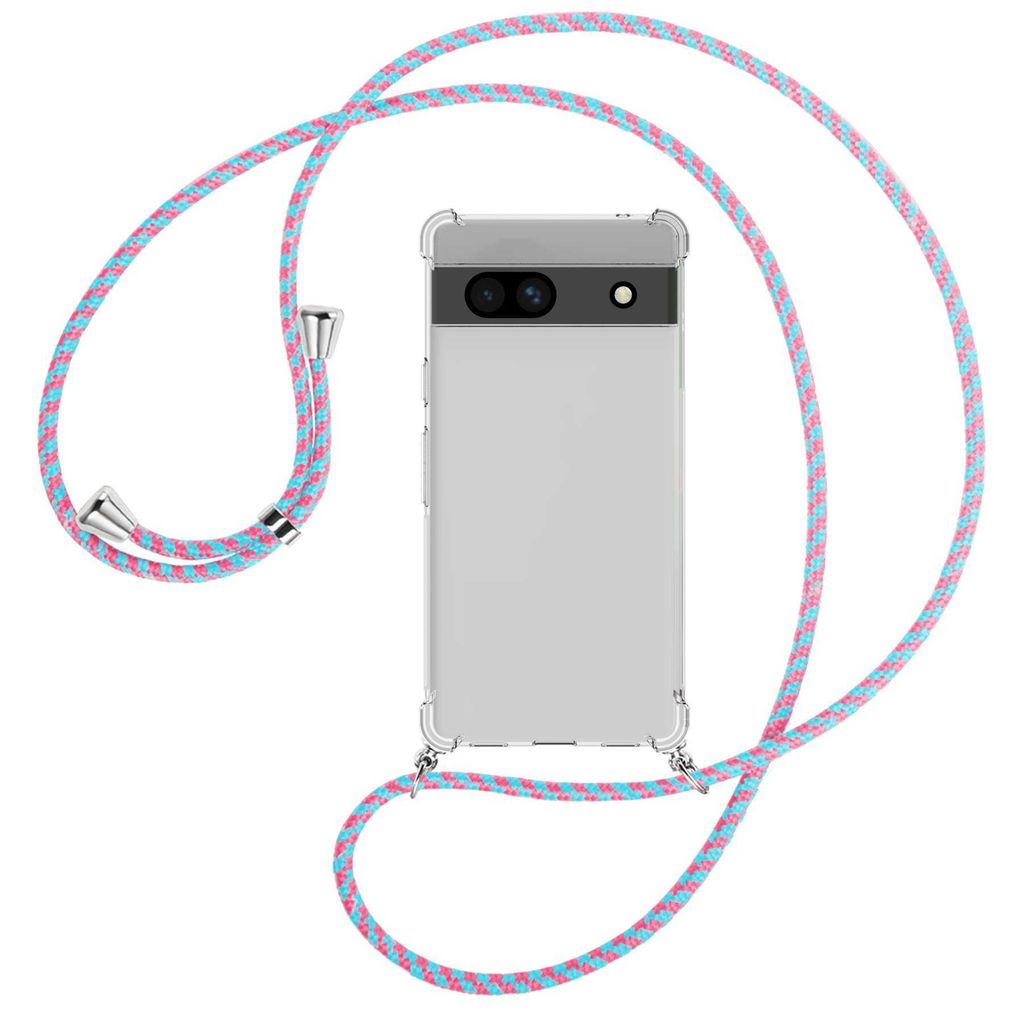 Handykette Backcover-Schutzhülle mit Band (Metall silberfarben) für Google Pixel 7a - pink/mint