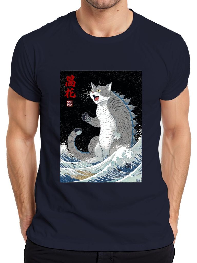 Godzilla Katze Ukiyoe Welle Hokusai Japan Katzenmonster Geschenk Herren T-Shirt, Navy, XXL