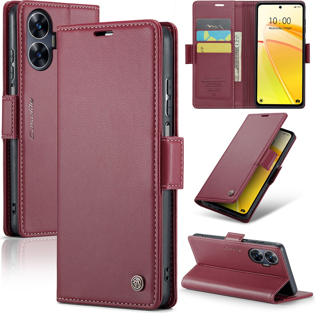 Realme C55 Hülle, Leder Brieftasche Kartenfach Schutzhülle mit Standfunktion für Realme C55 Rot