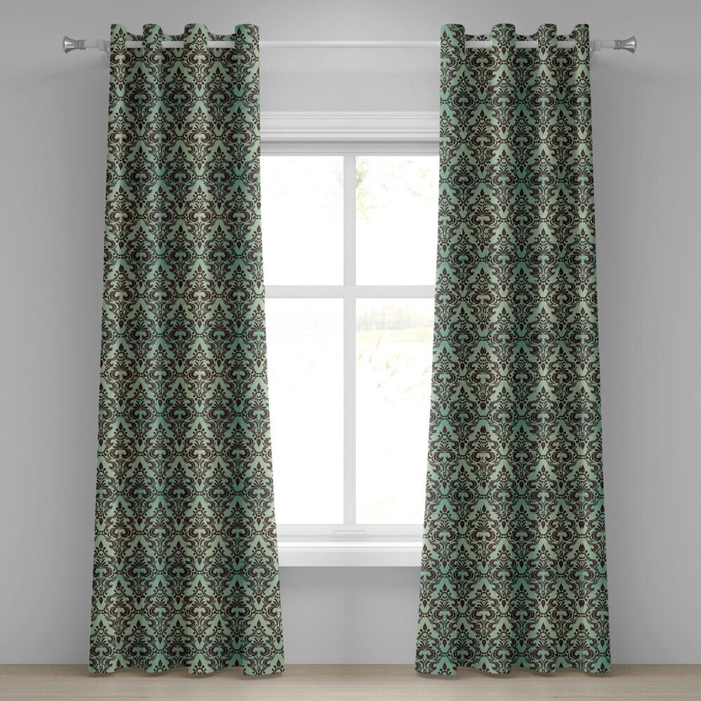 ABAKUHAUS Mint und Brown Ösenvorhang, Barocke Blumenmotive in der Damast-Art-traditionellen Wiederbelebungskunst, Dekorative 2-Panel-Fenstervorhä...
