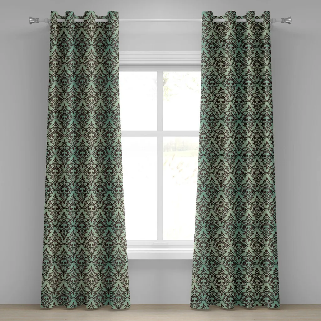 Paire de rideaux décoratifs baroques vert menthe et marron 280x245 cm