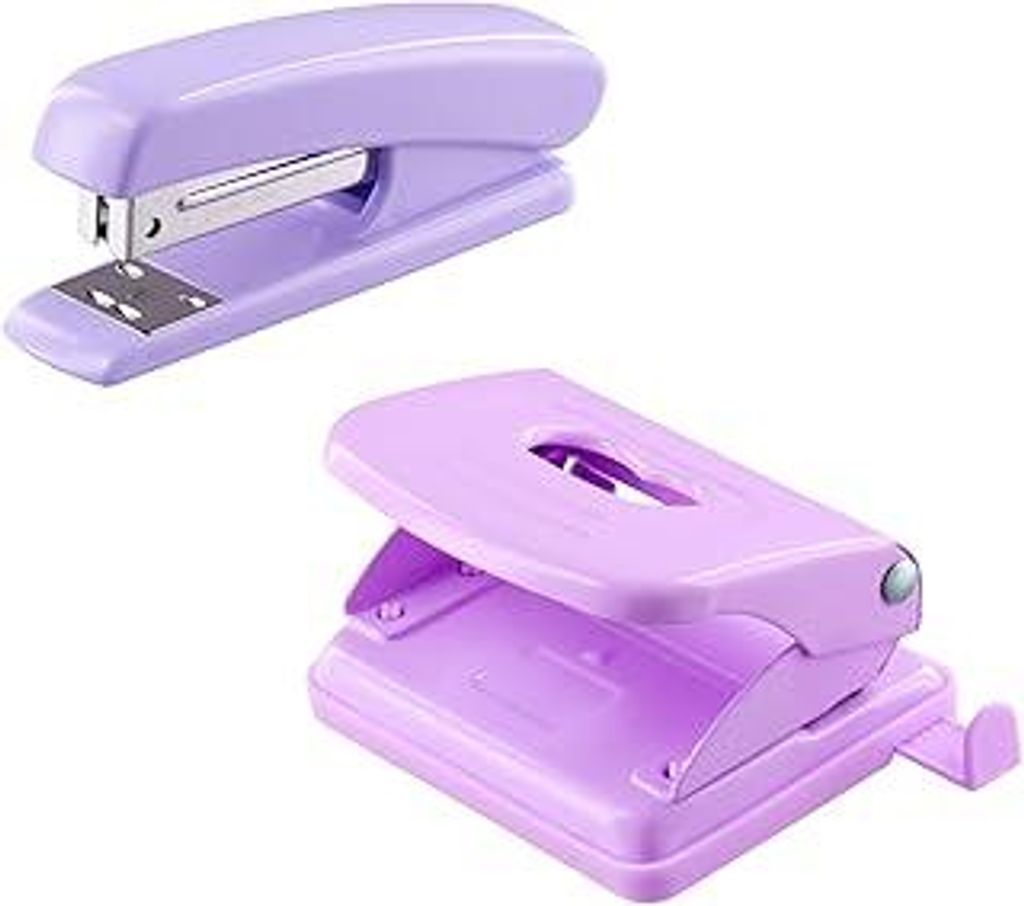 Locher Tacker Set, Lila Büro Hefter Locher, Heftgerät Und Locher Set, Kleiner Locher, Tischheftgerät, Ergonomisches Design für Büro, Arbeitszi...