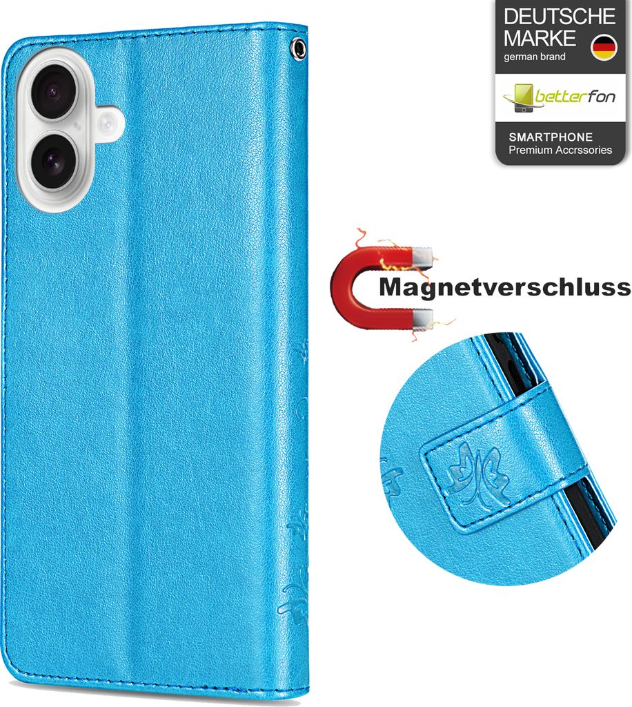 iPhone 16 Handyhülle – Klapphülle Schutzhülle Tasche mit Magnetverschluss & Kartenfächern - Blau