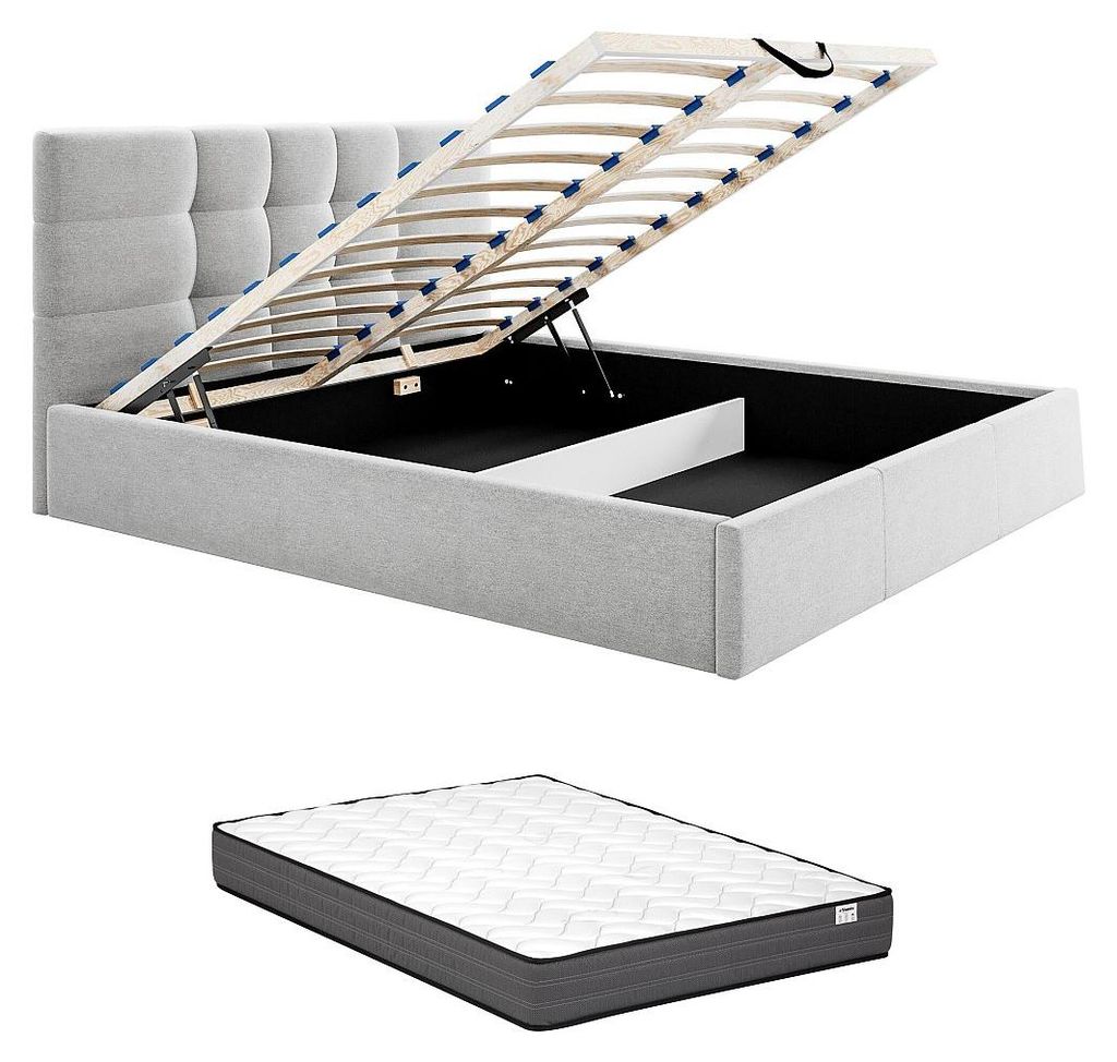 Bett mit Box 140 x 190 cm - Stoff - Grau + Matratze - ELIAVA by Pascal Morabito