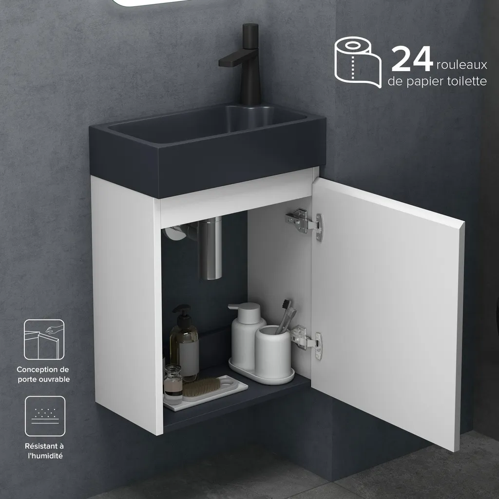 Ensemble Meuble Lave-mains 46cm avec Vasque Solid Surface et Miroir LED