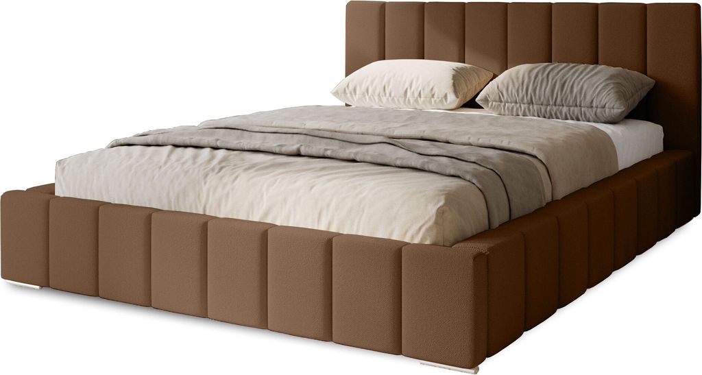 Polsterbett Menos 140x200 cm, Bett mit Kopfteil, Matratze, Doppelbett mit Bettkasten und Lattenrost aus Holz, Velourstoff: Dunkelbraun