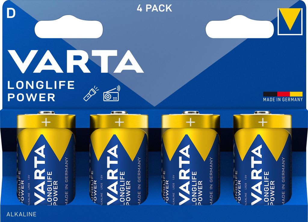 Varta Batterie Alkaline, Mono, D, LR20, 1.5V Longlife Power, Retail Blister (4-Pack)