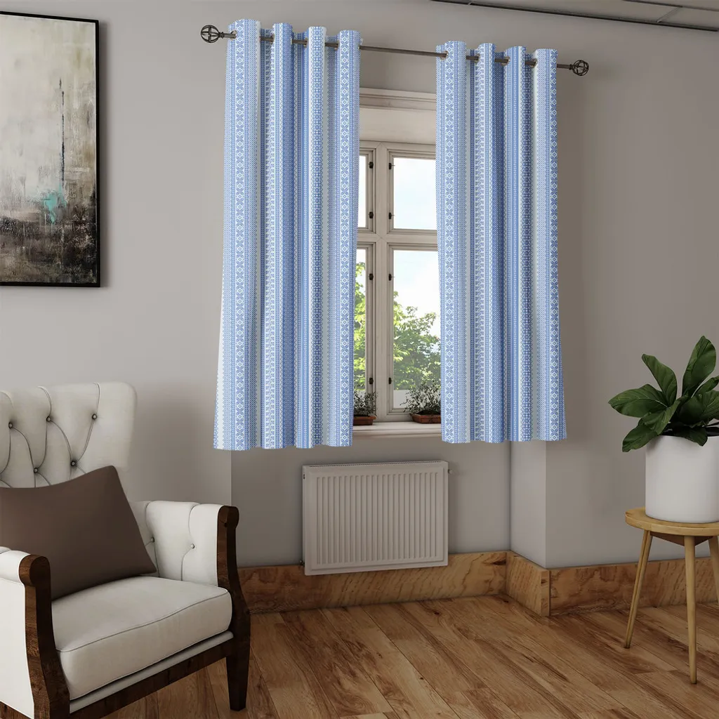Rideau géométrique vertical brodé Bleu 280x175 cm à œillets