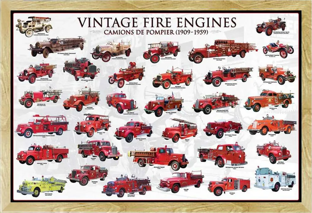 Affiche Éducative Voitures de Pompiers Rétro sous Cadre Bois de Hêtre