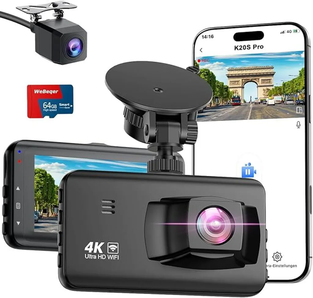 Caméra de bord double objectif 4K pour voiture avec vision nocturne