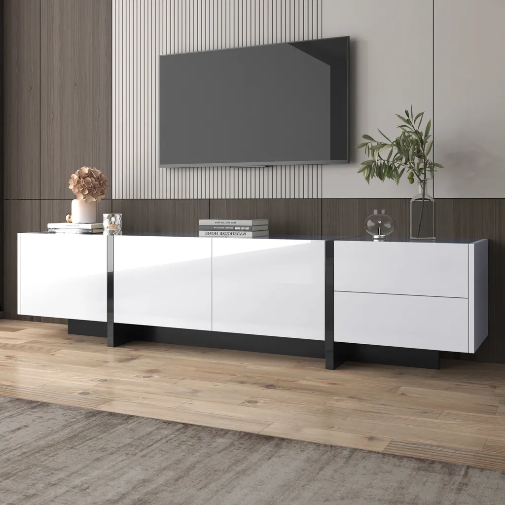 Meuble TV Blanc Brillant 190cm : Rangez Tout et Gagnez de la Place Salon