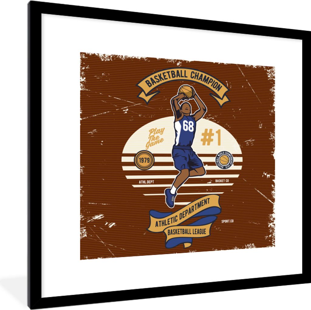 MuchoWow MuchoWow Gerahmtes Poster Mancave - Basketball - Vintage - Rot 40x40 cm - Poster mit zchwarzem Bilderrahmen - Poster - Plakat im Rahmen