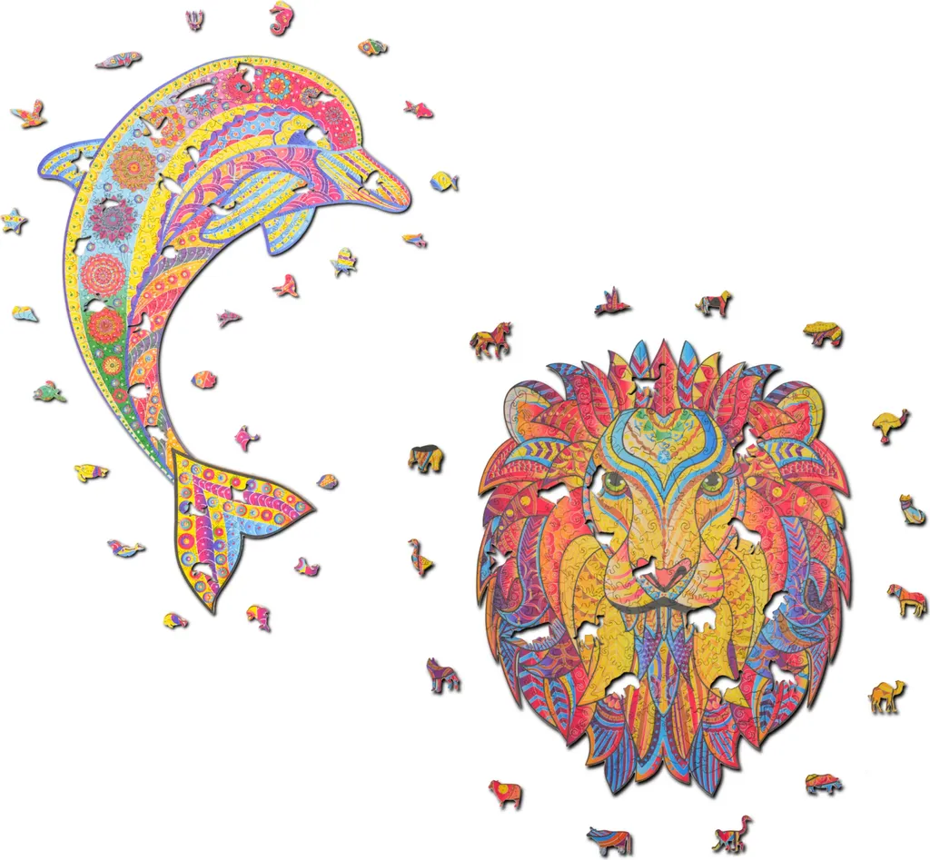 Puzzle animaux en bois dauphin et lion - Coffret de 2 puzzles adultes