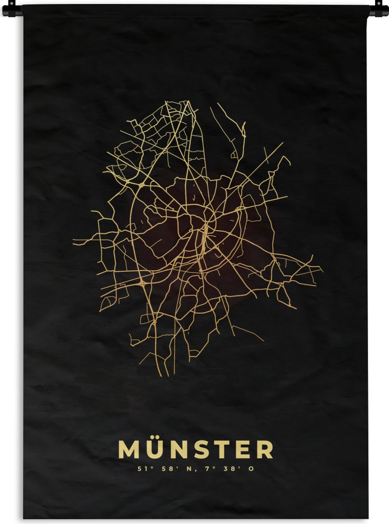 MuchoWow Wandteppich Wandbehang Karte - Münster - Gold - Karte - Stadtplan 60x90 cm Tapisserie Dekoration Wandtuch - Foto-Teppich - Abwaschbar