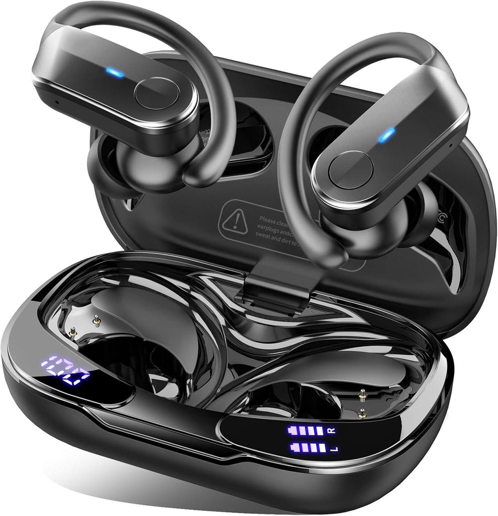 Bluetooth 5.4 In-Ear Kopfhörer Ordtop Sport 70 h Akkulaufzeit, IPX8 Wasserdicht, 4 Noise Cancelling Mics, HiFi Stereo,Tiefer Bass,Ohrhaken,LED-Anz...