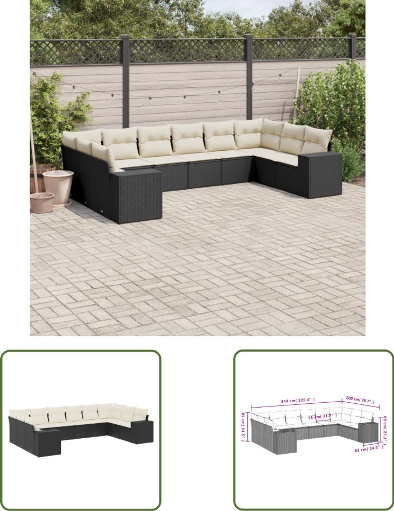 The Living Store 10-tlg. Garten-Sofagarnitur mit Kissen Schwarz Poly Rattan