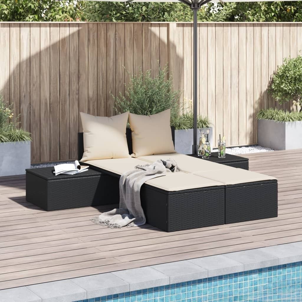 "im Angebot" Doppel-Sonnenliege - 2-Personen-Liegestuhl - für den Garten - mit Kissen Schwarz Poly Rattan - Gartenliegen CC16945