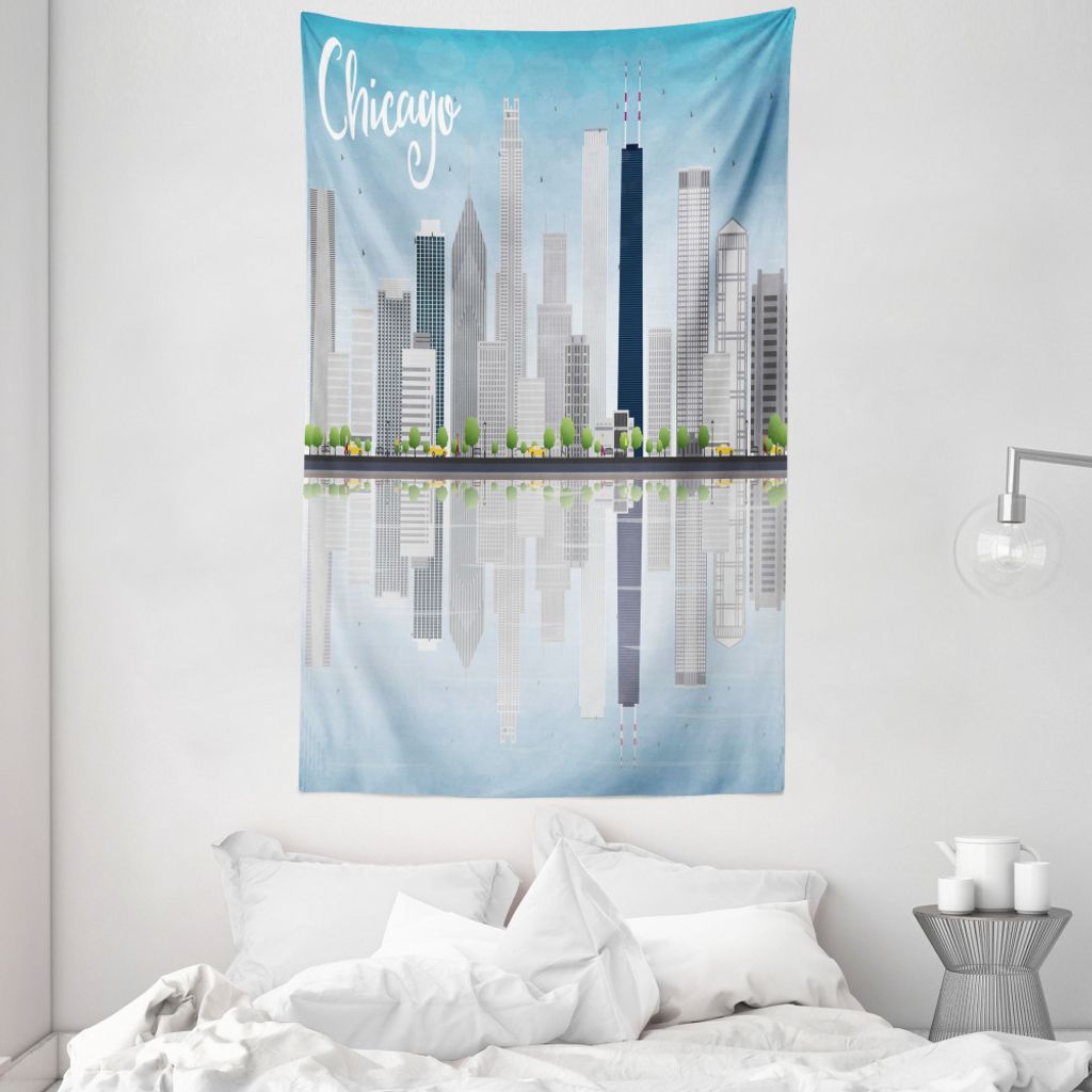 ABAKUHAUS Chicago Wandteppich und Tagesdecke, Wolkenkratzer Amerikaner aus Weiches Mikrofaser Stoff Waschbar ohne Verblassen Digitaldruck, 140 x 23...