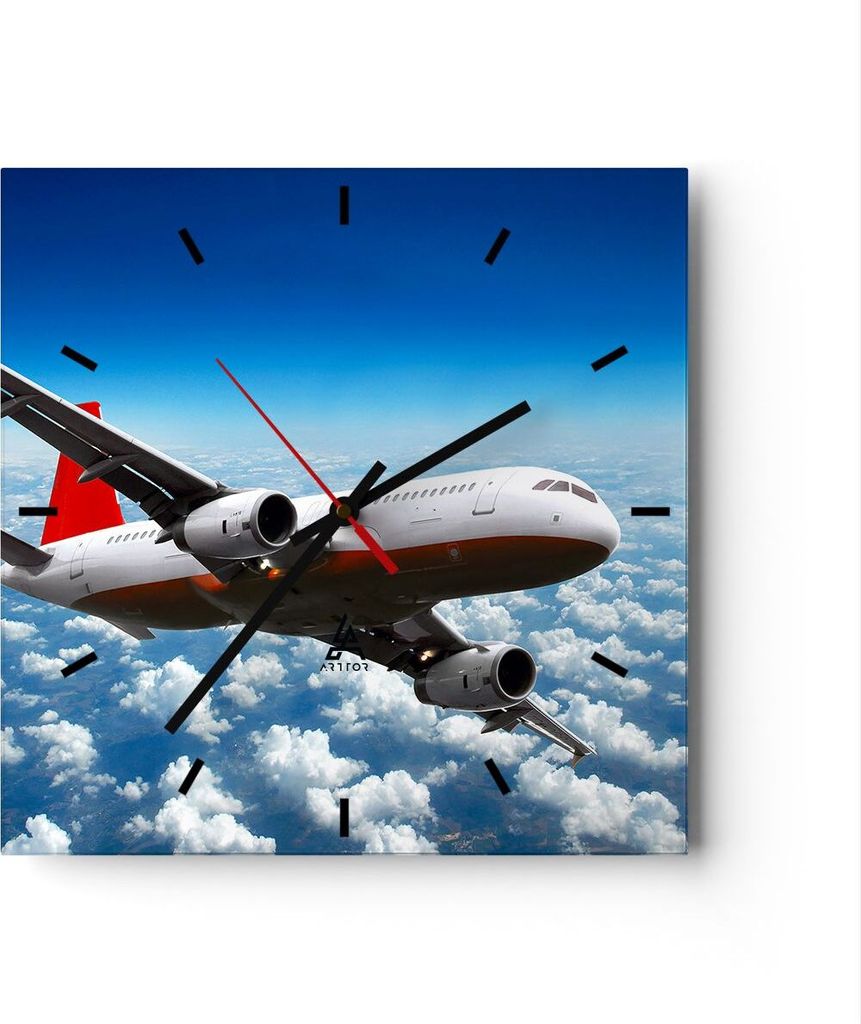 Wanduhr - Quadrat - Glasuhr - Passagier Flugzeug Motoren Wolken - 30x30cm - Schleichendes Uhrwerk - Lautlos - zum Aufhängen bereit - Dekoration Mo...