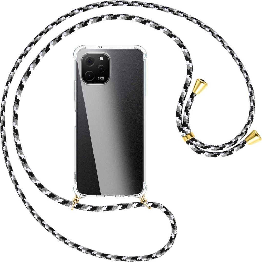 Handykette Backcover-Schutzhülle mit Band (Metall goldfarben) für Huawei nova Y61 (EVE-LX9,LX3) - schwarz/grau/weiß