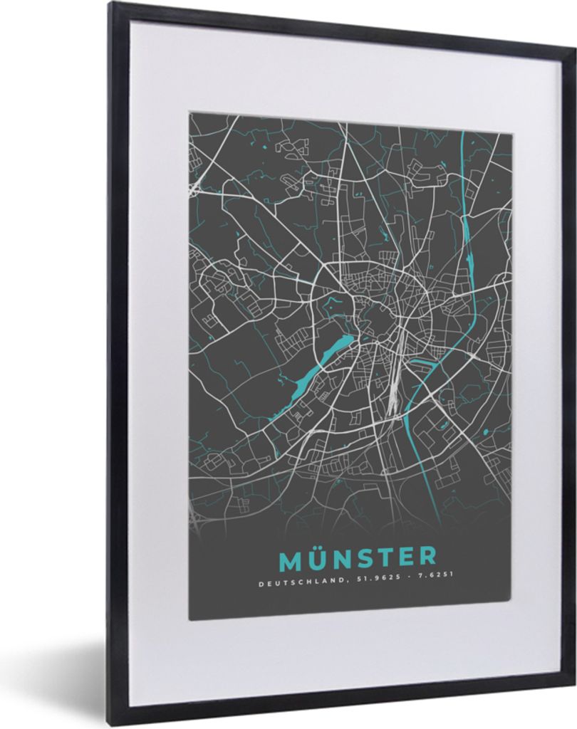MuchoWow Gerahmtes Poster Deutschland - Blau - Münster - Stadtplan - Karte 30x40 cm - Poster mit Schwarzem Bilderrahmen Wandposter Rahmen Foto B...