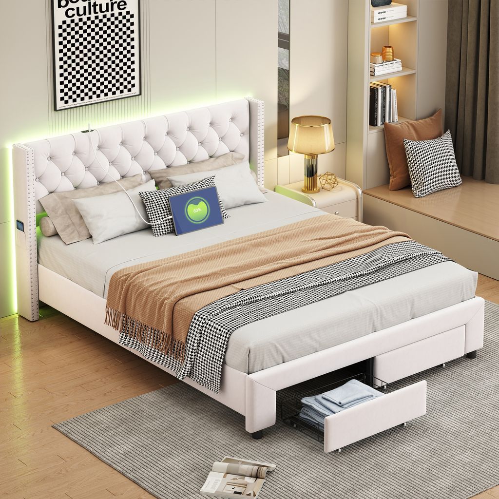 UnboxG Polsterbett 180x200cm mit USB und Steckdosen, Jugendbett Doppelbett mit 2 Schubladen, Stauraumbett Massivholzbett mit LED und Lattenrost, Sa...