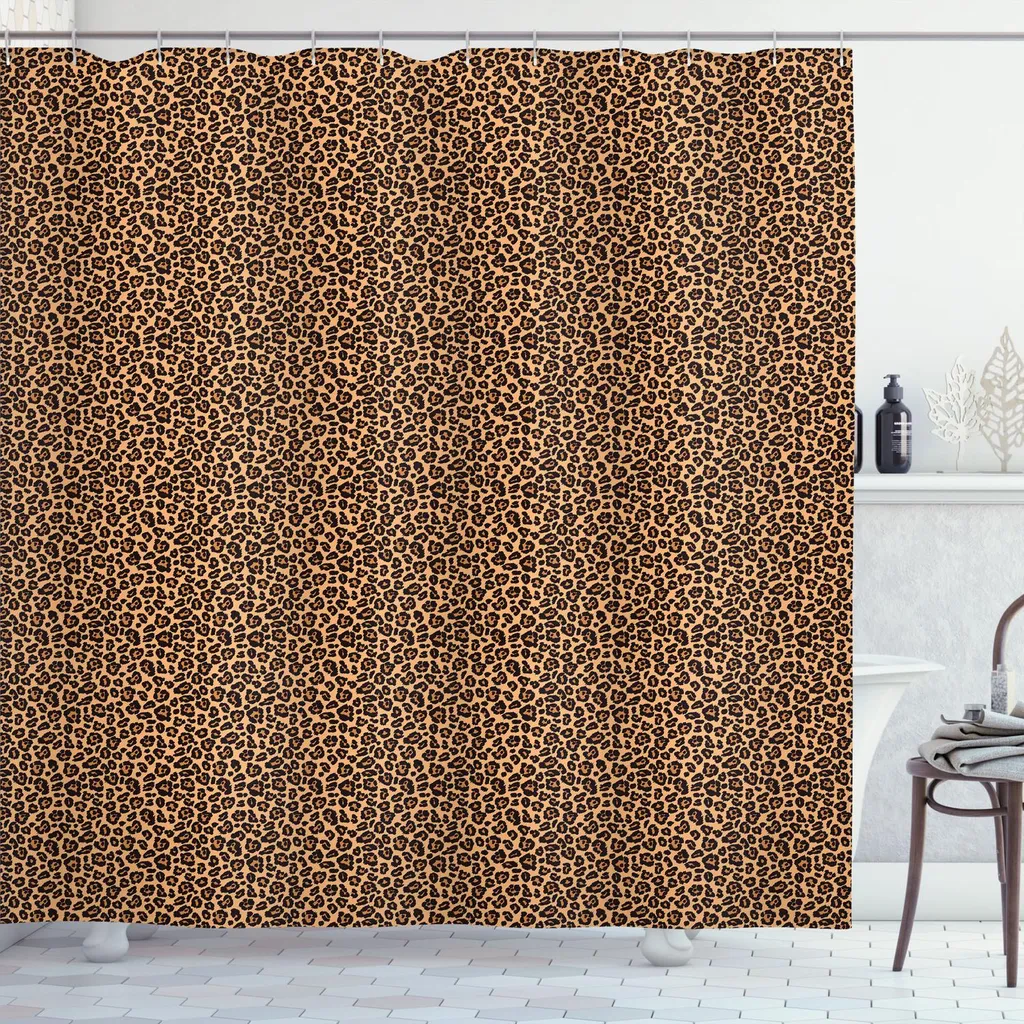 ABAKUHAUS Tenda da doccia con stampa leopardata, illustrazione con texture leopardata, motivo ispirato alla fauna esotica africana, 175 x 220 cm, arancione e nero