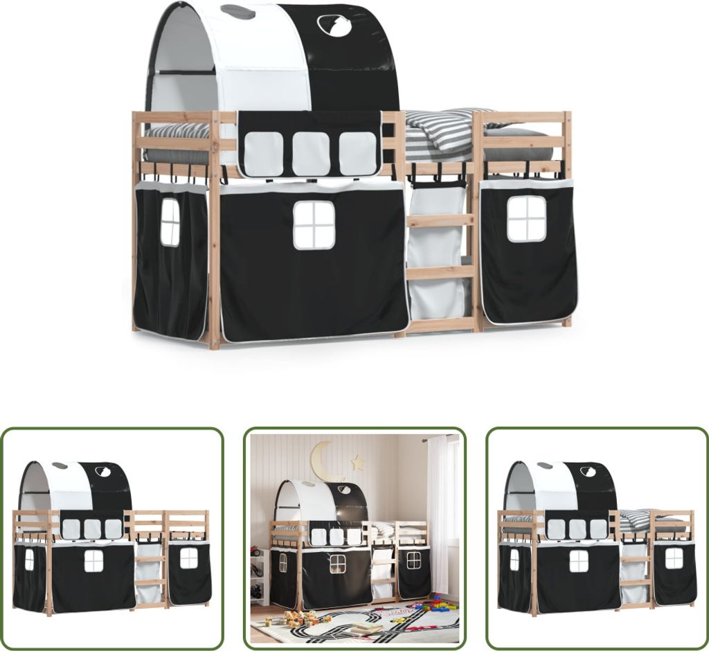 The Living Store Etagenbett mit Vorhängen Weiß & Schwarz 90x190 cm Kiefernholz