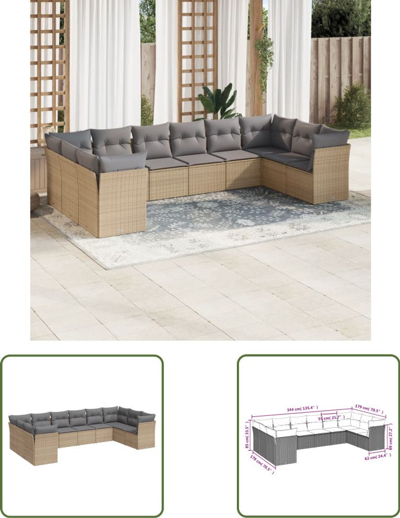 The Living Store 10-tlg. Garten-Sofagarnitur mit Kissen Beige Poly Rattan