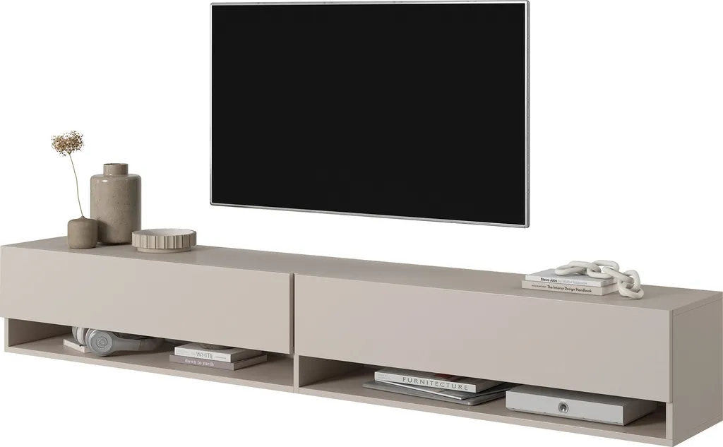 Meuble TV 200 cm Selsey MIRRGO Taupe - Solution Rangement Câbles Discret